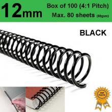 12mm Plastic Spiral Binding Coils - 4:1 pitch Black (Box of 100)