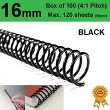 16mm Plastic Spiral Binding Coils - 4:1 pitch Black (Box of 100)