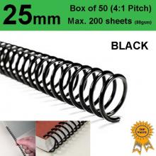 25mm Plastic Spiral Binding Coils - 4:1 pitch Black (Box of 50)