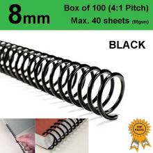 8mm Plastic Spiral Binding Coils - 4:1 pitch Black (Box of 100)