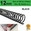 12mm Plastic Spiral Binding Coils - 4:1 pitch Black (Box of 100)