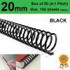 20mm Plastic Spiral Binding Coils - 4:1 pitch Black (Box of 50)