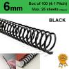 6mm Plastic Spiral Binding Coils - 4:1 pitch Black (Box of 100)